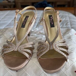 Champagne and rhinestone colored strapping sandal